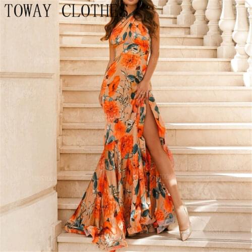 Women Summer All Over Print Halter Sleeveless Mermaid Slit Maxi Dress Casual Elegant Sexy Long Dresses