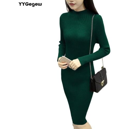 Winter Midi Dress Knee Length Women Autumn Sweater Knitted Dress Thick Slim Elastic Turtleneck Sexy Bodycon Robe Dresses Warm