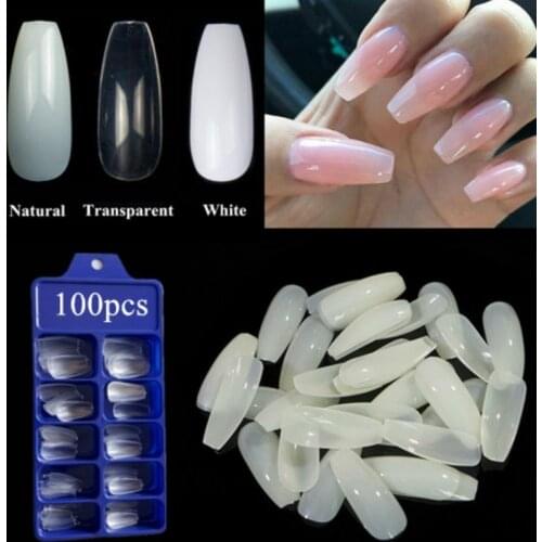 100pcs Ballerina Nail Tips Transparent Natural Fake Coffin Nail Tips Flat Full Cover Manicure False Nail Tips