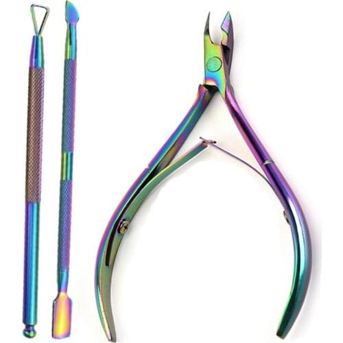 3Pcs/Set Stainless Steel Cuticle Trimmer with Pusher and Scissors Rainbow Colorful Nail Clipper Pedicure Manicure Tools