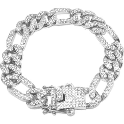 Silver Color Bracelet Hip Hop Miami Curb Cuban Chain Iced Out Paved Rhinestones CZ Bling Rapper For Men Women Jewelry