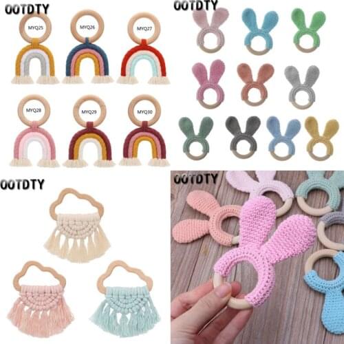 Wooden Natural Crochet Baby Infant Teether Teething Ring Bracelet Rainbow Tassel Macrame Jewelry Teething For Baby