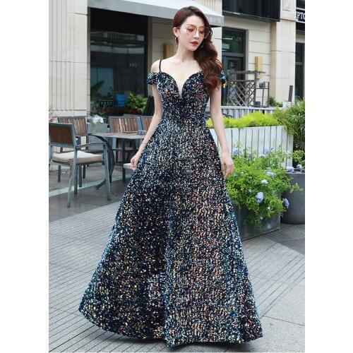 Elegant Colorful Sequins Evening Gown Spaghetti Straps Floor Length Prom Dress Custom Made