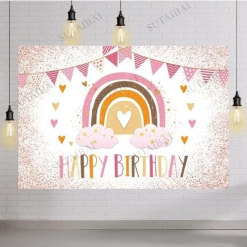 Happy Birthday Party Banner Backdrop Rainbow Heart Star Flag Glitter Baby Shower Newborn Communion Background Photocall