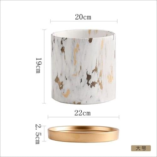 Marbling Appearance Ceramic Flower Pot Succulent Planter Green Plants Pot Cylindrical Shape FlowerPot With Hole Golden Tray