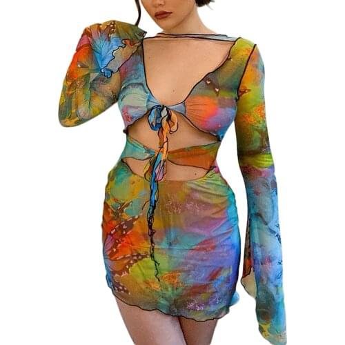 Summer Casual Dress Women Butterfly Print Long Sleeve Mini Dress Sexy Deep V-neck Hollow Out Lace-up Dress Summer Slim Bodycon