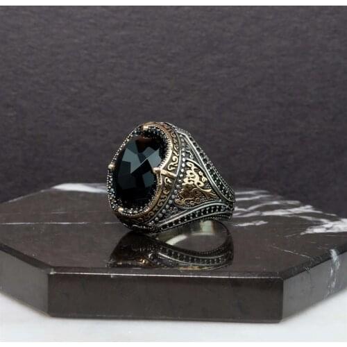 Black Onix Stone Engraved Silver Men 'S Ring