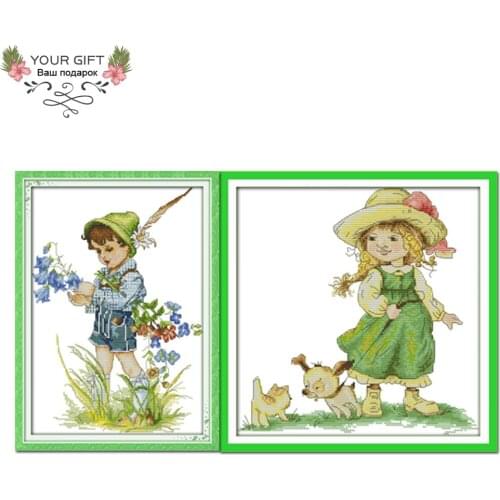 Joy Sunday Childhood Home Decor C258C259 Counted Stamped Boy Girl Needlework Needlepoint Embroidery DIY Cross Stitch kit