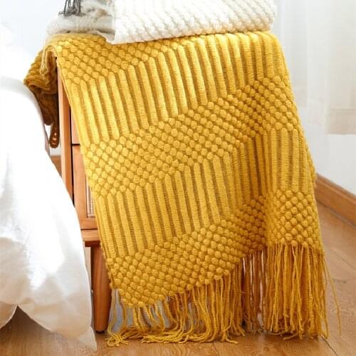 Nordic Knitted Throw Blanket with Tassel Sofa Blanket Bedspread Travel Blanket Soft Yellow Navy Blue Blanket