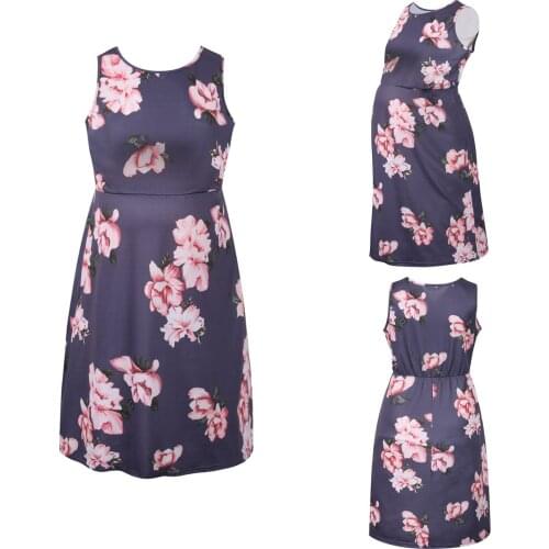 2021 New Maternity Dresses Summer Dress Sleeveless Pregnancy Clothing Floral Print O-neck Maternity Nursing Dress Robe Femme
