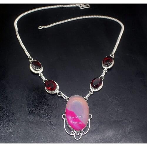 Charm Fashion BotswanaAgate Red Garnet Silver Color Women Pendant Necklace Chain 18.5 Inch HD720