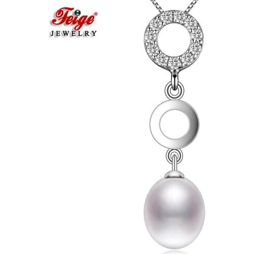 New Design Cubic Zirconia 9-10mm Natural Freshwater Pearl Pendant Necklace for Women Gift Fashion Pearl Jewelry FEIGE