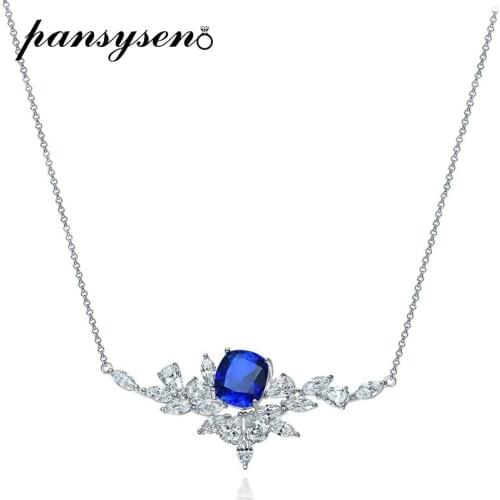 PANSYSEN 100% 925 Sterling Silver Blue Sapphire Ruby High Carbon Diamond Pendant Necklaces Female Fine Jewelry Wholesale Gift