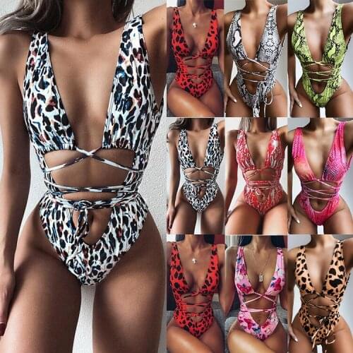 Sexy Snake Print One Piece Set Swimsuit Bikini Deep V-neck Swimwear Summer Holiday Beach Clothes Outfit