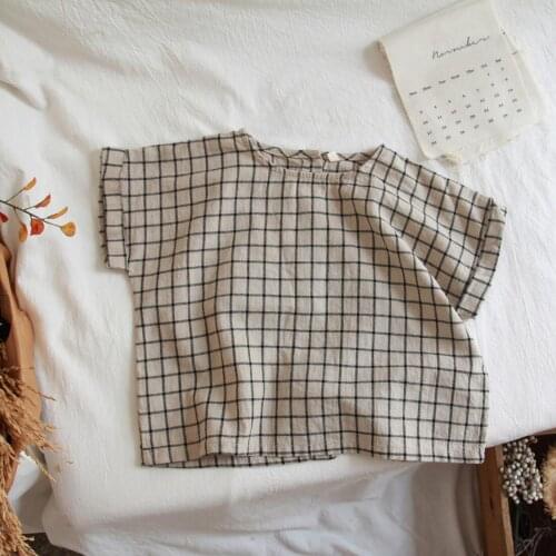 2021 new girls boys plaid shirt cotton linen summer short sleeve kids top