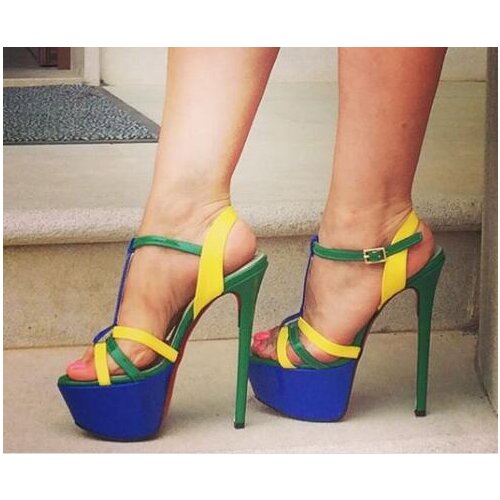 Moraima Snc Colorful Leather Patchwork High Heel Sandal Summer Open Toe Platform Thin Heels Shoes T-strap Gladiator Sandal