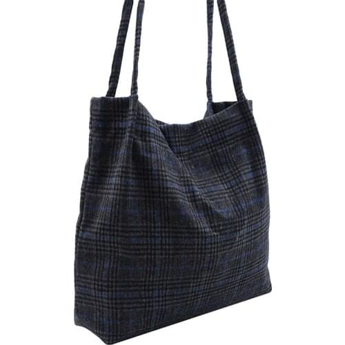 Women Woolen Canvas Shoulder Bag Ladies Vintage Plaid Handbag Totes Female Wool Cloth Shopping Bags High Capacity