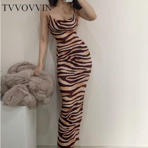 TVVOVVIN Zebra Pattern Leopard Temperament Beach Vacation Low Chest Strapless Thin Suspender Dress Long Tank Dresses GK29
