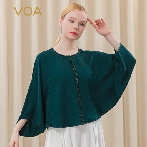 VOA Silk Dobby Green Tee 2021 Summer Fashion Loose Plus Size T-shirt BE313 Edible Tree Fungus Nine Point Sleeves Woman Tshirts