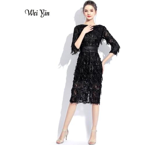 Weiyin 2021 Black O-neck Half Sleeves Evening Dress Sheath Sequin Elegant Burgundy Dress Formal Party Prom Dress WY840