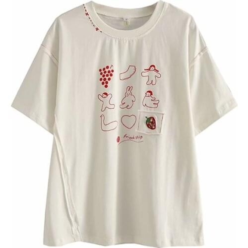 Women T Shirt White Cartoon Appliques Harakuju T Shirts Short Sleeve O-neck 2021 Summer Sweet Girl Cotton Top Tees Camisas Mujer