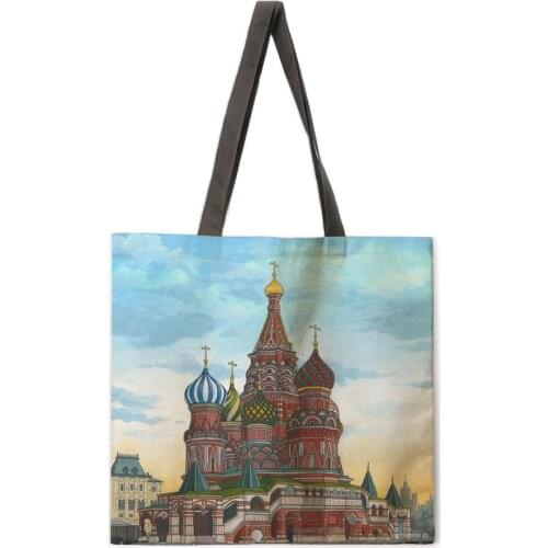 Oil painting Kremlin linen shopping bag ladies shoulder bag foldable shopping bag outdoor beach handbag female handbag