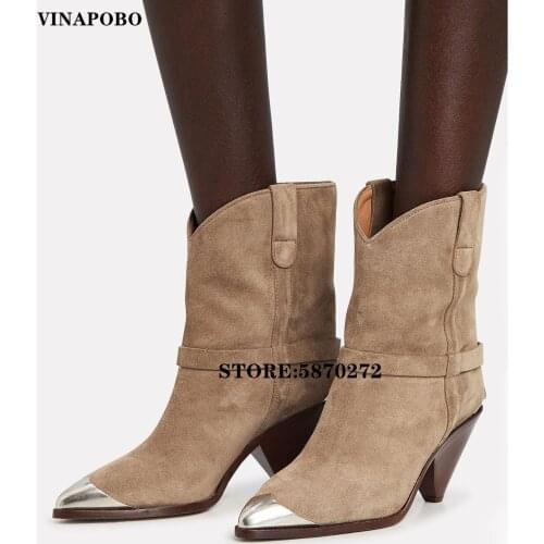 VINAPOBO Genuine leather boots women metal pointed toe ladies Winter ankle boots for women high heels spring autumn Matin boots