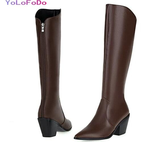 Plus Size 34-43 Women Knee High Boots PU Leather Back Zipper Square High Heel Boots Fashion Pointed Toe Womans Shoes Black