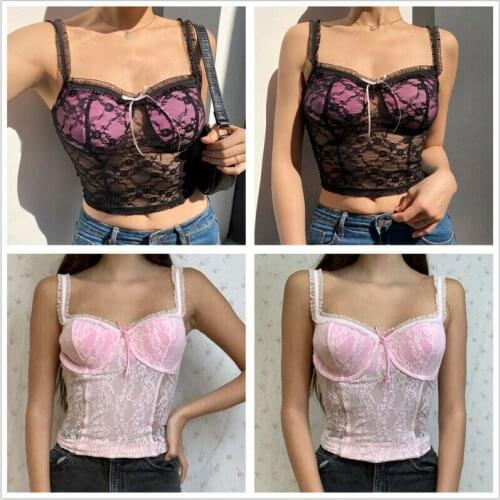 Womens Floral Lace Crop Top Sexy Strap Tank Tops See Through Camisole