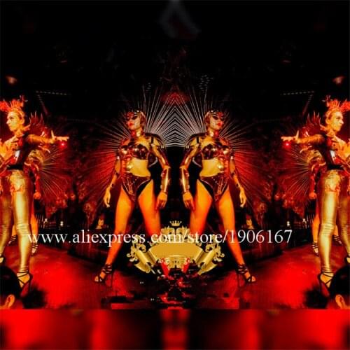 Nightclub Gold Mirror Robot Women Dance Suit Stage Costumes Catwalk Show Rivets Bodysuit Clothes Party Catwalk Models DS Dress