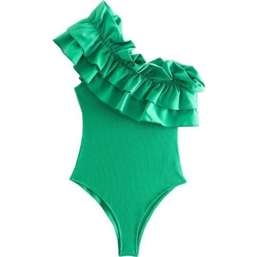 TRAF Women 2021 Fashion Sexy Single Shoulder Cascading Ruffles Asymmetric Slim Bodysuits Summer Beach Wear Rompers Streetwear