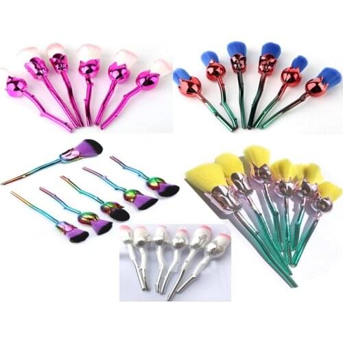 100sets/lot 6pcs Rose Shape Makeup Brushes Gold pink green Foundation Powder Make Up flower Brushes Set Beauty Blush Brush