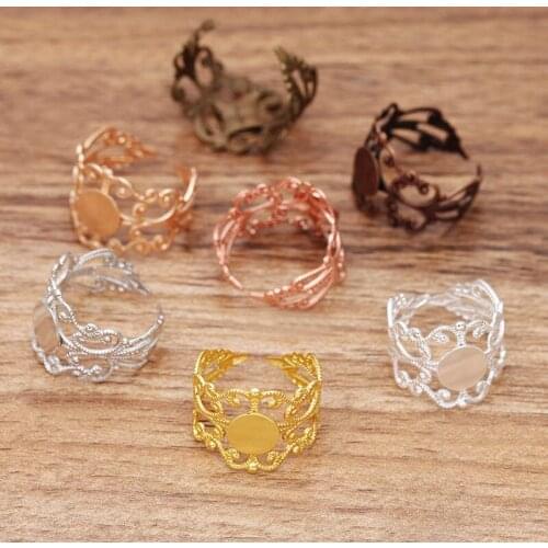 200pcs Retro Flower Adjustable Ring Settings Blanks with 8mm Flat Circle Glue Pad Cabochons Base Women Lady DIY Jewelry Findings