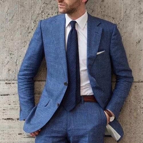 2021 Blue Summer Linen Beach Wedding Suit Groom Tuxedo Prom Dinner Suit For Men Best Man Casual Business Suit (Jacket+Pants)