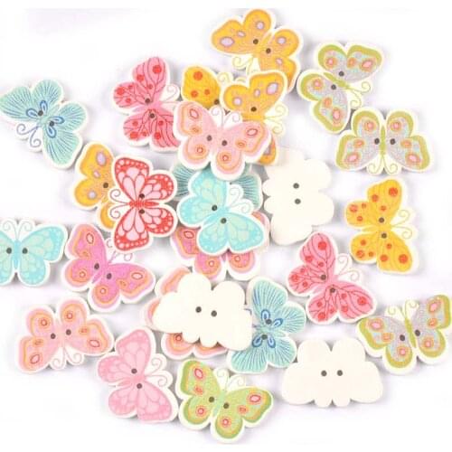 25pcs Mix Butterfly Painting Wooden Decorative Buttons For Sewing Clothing Home Decor Scrapbook Craft DIY Supplies 17x25mm m1972