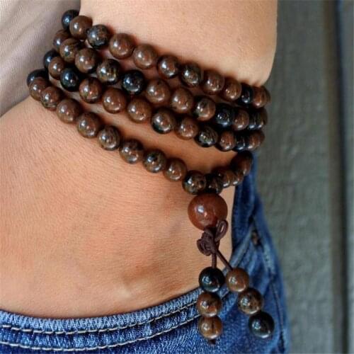 6mm Mahogany Obsidian Stone 108 Beads Handmade Tassel Necklace Wristband Classic Spiritua Tibetan Retro Prayer Buddhism