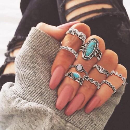 9Pcs/Set Women Retro Bohemian Faux Inlaid Finger Rings Jewelry Gift