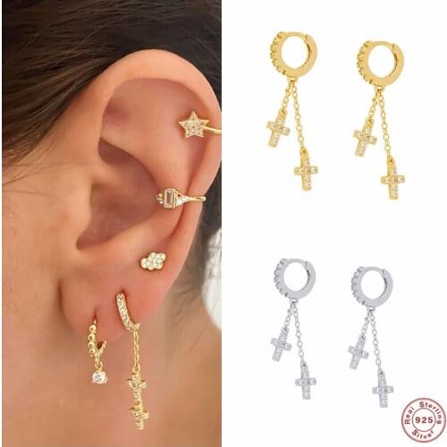 Aide 925 Sterling Silver Double Cross Pendant Drop Earrings Shiny Zircon Chain Tassel Dangle Earring For Women Brincos Jewelry