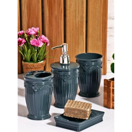 Banyo Dekorasyon Seti Sultan Kabartma 4Lü Set Sabunluk Sıvı Sabunluk Diş Fırçalık Su Kabı