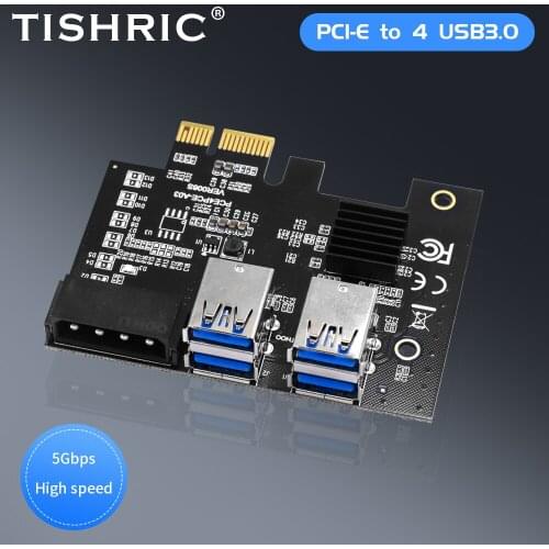 TISHRIC Double-Layer Pcie 1 To 4 Expansion Card USB 3.0 Interface 4 Port Expansion Adapter Riser Card For Bitcoin Miner Mining
