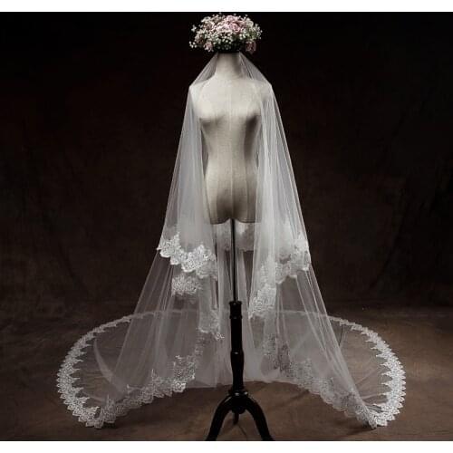 Velos de novia 3.5 Meters Ivory Sequins Blings Sparkling Lace Edge Purfle Long Cathedral Wedding Veils