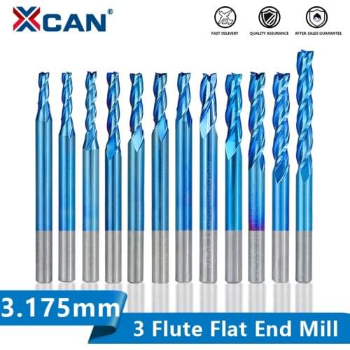 XCAN Milling Cutter 3 Flute Flat End Mill 3.175mm Shank Nano Blue Coated CNC Router Bit Carbide Aluminum Cutting End Mill