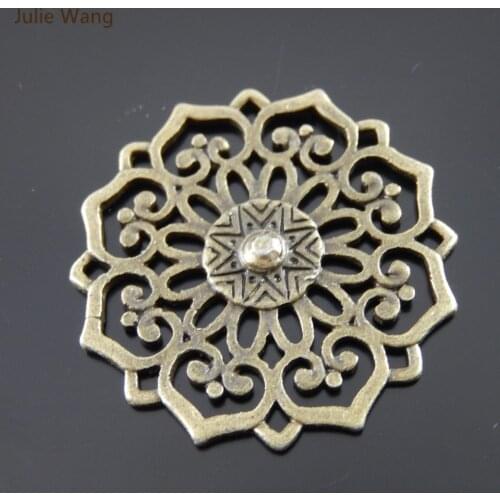 Julie Wang 3PCS 30mm Bohemia Charms Antique Bronze Hollow Round Flower Pendant Handmade Bracelet Jewelry Making Accessory