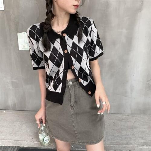 Cardigan Diamond Short-sleeved Sweater Womens Summer New Korean Version of The Slim and Thin All-match Casual Top