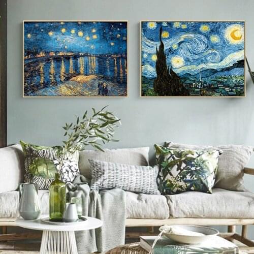 Classical Oil Paintings Starry Night By Impressionist Artist Van Gogh Wall Hanging Pictures Posters and Print for Living Room