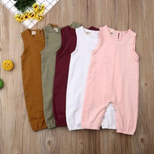 New Fashion Summer Infant Baby Girls Boy Solid Cotton Rompers Outfits Casual Sleeveless Jumpsuit Playsuits 0-24M