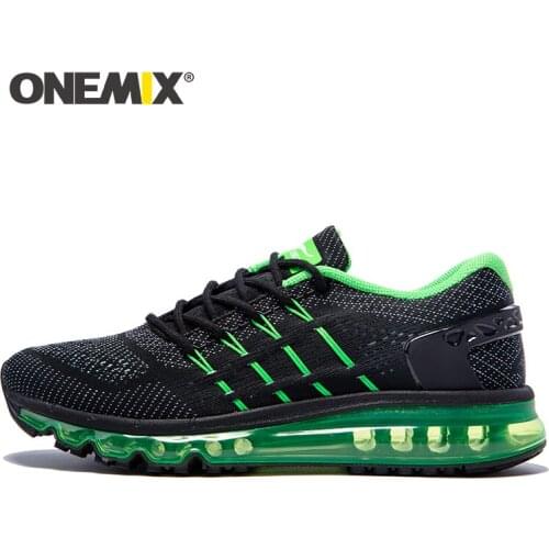 ONEMIX Summer Men Running Shoes for Man Air Cushion Sneakers Unique Tongue Athletic Trainers Black Green Breathable Sports Shoes