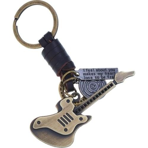Fashion Punk Rock Guitar Keychain Metal Musical Pendant Leather Keyring Vintage Charm Jewelry Key Chain Car Bag Accessories Gift