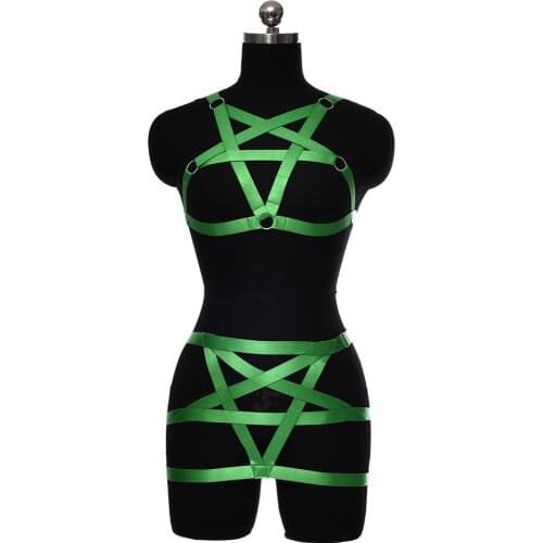 Fashion Green Pentagram Body Harness Set Belt Rave Wear Body Cage Adjust Sexy Lingerie Open Chest Bondage Harness Bra