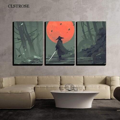 Three-Piece Japanese Cartoon Anime Samurai In The Night Forest Wall Art Poster Home Decoration Childrens Room Modular Picture